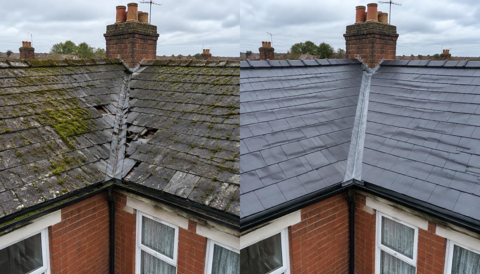 Before and after: Mossy slate roof & valley