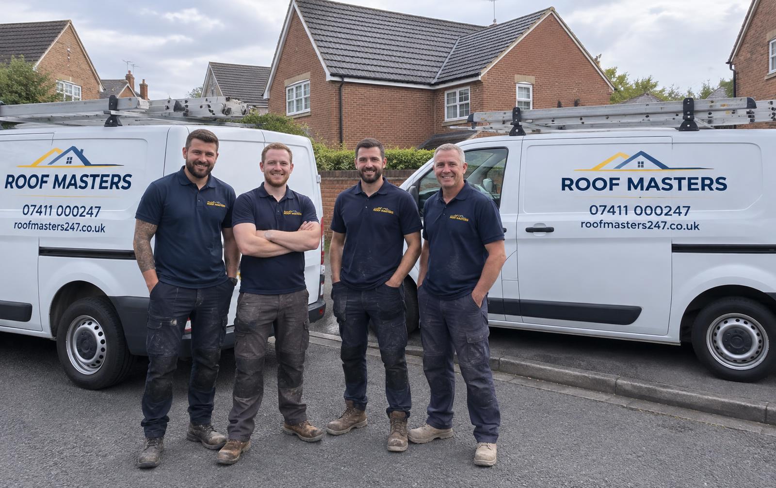 Uniformed roofers beside two Roof Masters vans on a British street — generated example